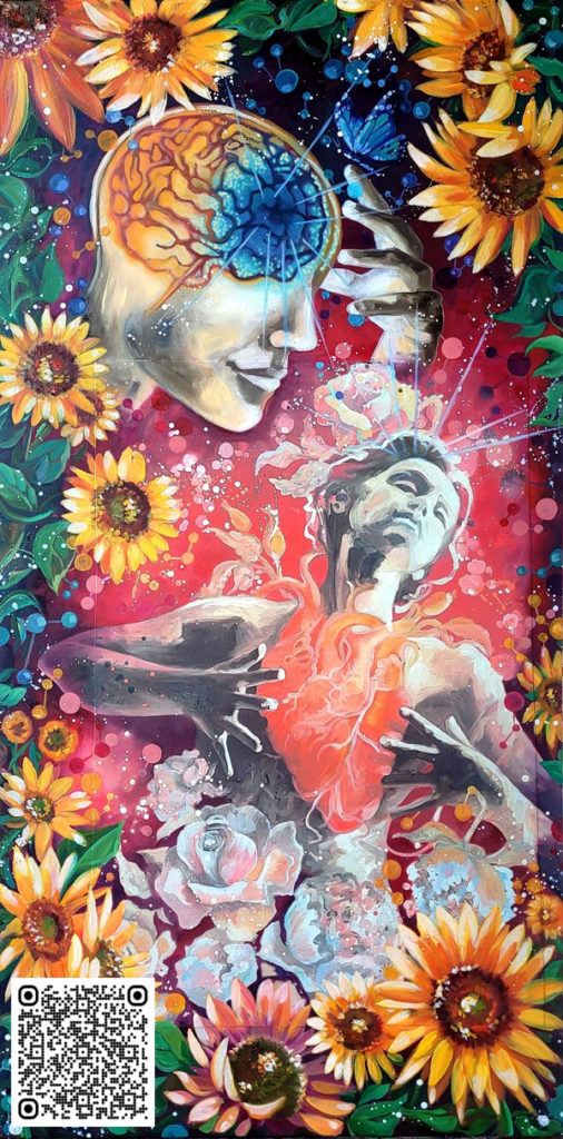 Surreal painting of brain and heart with sunflowers